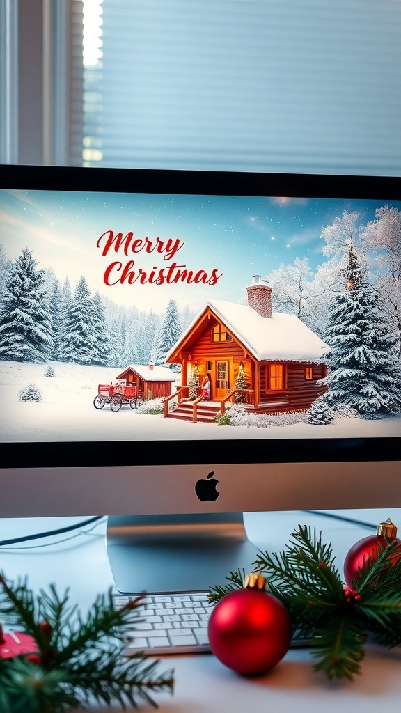 A digital Christmas card design on a computer screen with a snowy scene and festive decorations.
